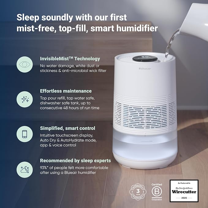 BLUEAIR Premium Smart Humidifier for Large Rooms, Bedrooms, Better Sleep with Evaporative Invisible Mist Tech, Auto Humidify, Easy Top Fill, Smart Control with App, Touchscreen, 3.5L Tank for 48 hours - Image 2