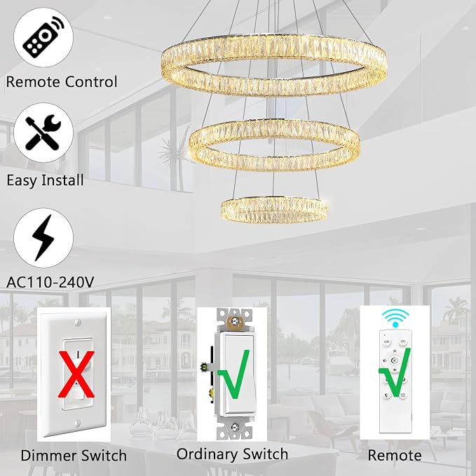 HAIXIANG Modern Glam Chandelier Crystal LED Remote Rings Chandelier Adjustable - Image 9