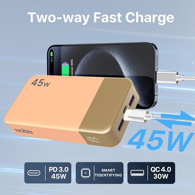 NOBIS Portable Charger, 20000mAh Power Bank, 45W Power Bank Fast Charging, Battery Pack with C to C Cable, Battery Bank with Digital Display for Phone Android Laptop etc (Orange) - Image 5