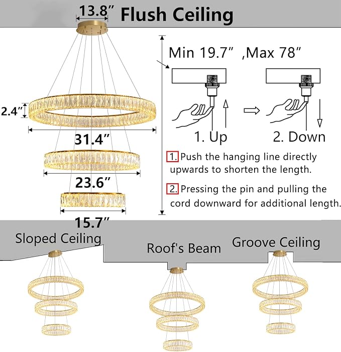 HAIXIANG Modern Glam Chandelier Crystal LED Remote Rings Chandelier Adjustable - Image 2