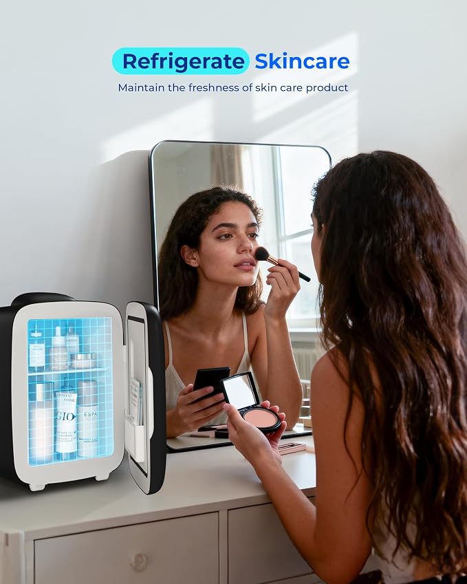 BEICHEN Mini Fridge, 4L/6 Can Portable Small Refrigerator Cool&Warm, AC/DC | Black Mini Refrigerator for Drinks Food, Fast Cooling Low Noise Mini Fridge for Bedroom Car Office, Makeup Skincare Fridge - Image 2