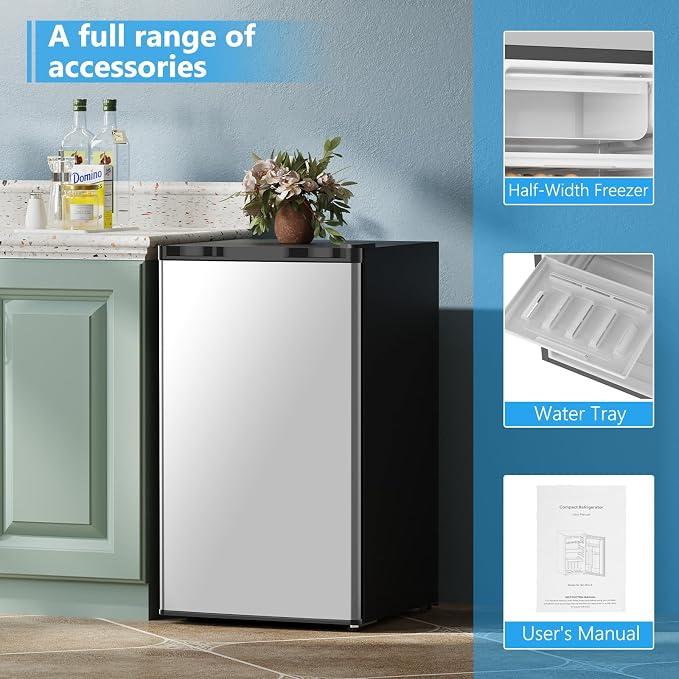 COWSAR 3.2 Cu.Ft Mini Fridge with Freezer for Bedroom Dorm, Silver | Single Reversible Door, 7 Temperature Settings, Energy Saving, 2 Removable Glass Shelves, Small Refrigerator for Apartment - Image 7