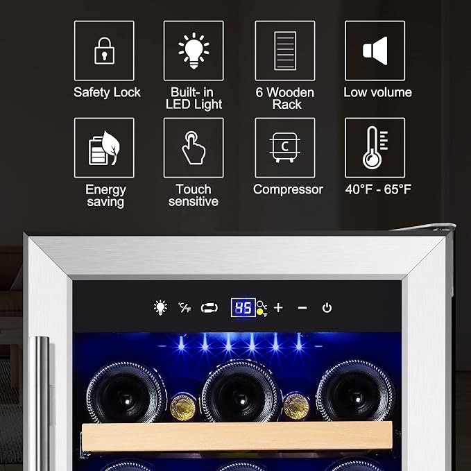 Wine Fridge 15'', 30 Bottles Wine Cooler Refrigerator, Undercounter or Freestanding, Removable Shelves, 40-65°F, Wine Cabinet with Double Glass Door, Wine Cooler for Home, Kitchen, Bar - Image 2