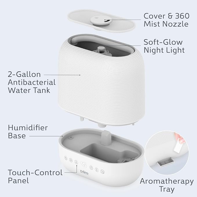 Pure Enrichment HUME Sense Warm & Cool Mist Top-Fill Humidifier, 2-Gal Tank, Up to 4.5 Days, Auto Humidity Sensor, 3 Mist Levels, Night Light, Aromatherapy, Sleep Mode & Auto Shut-Off - Image 5