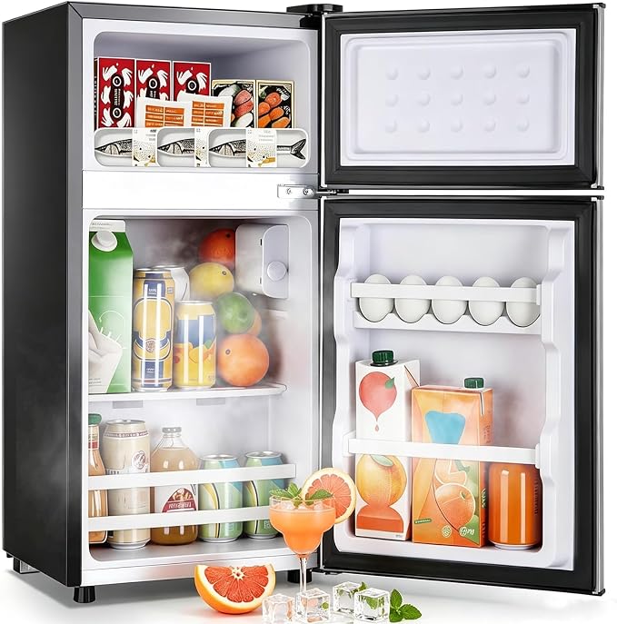 45L Mini Fridge with Double Doors Silver Small Refrigerator with Separate Freezer & 7 Adjustable Temperature Control, Tiny Size & Personal Fridge Ideal for Office Apartment Dorm by DEMULLER