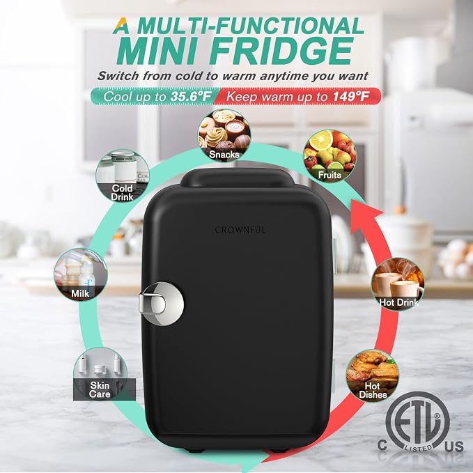 CROWNFUL Mini Fridge, 4 Liter/6 Can Portable Cooler and Warmer Personal Fridge for Skin Care, Cosmetics, Food,Great for Bedroom, Office, Car, Dorm, ETL Listed (Black) - Image 4