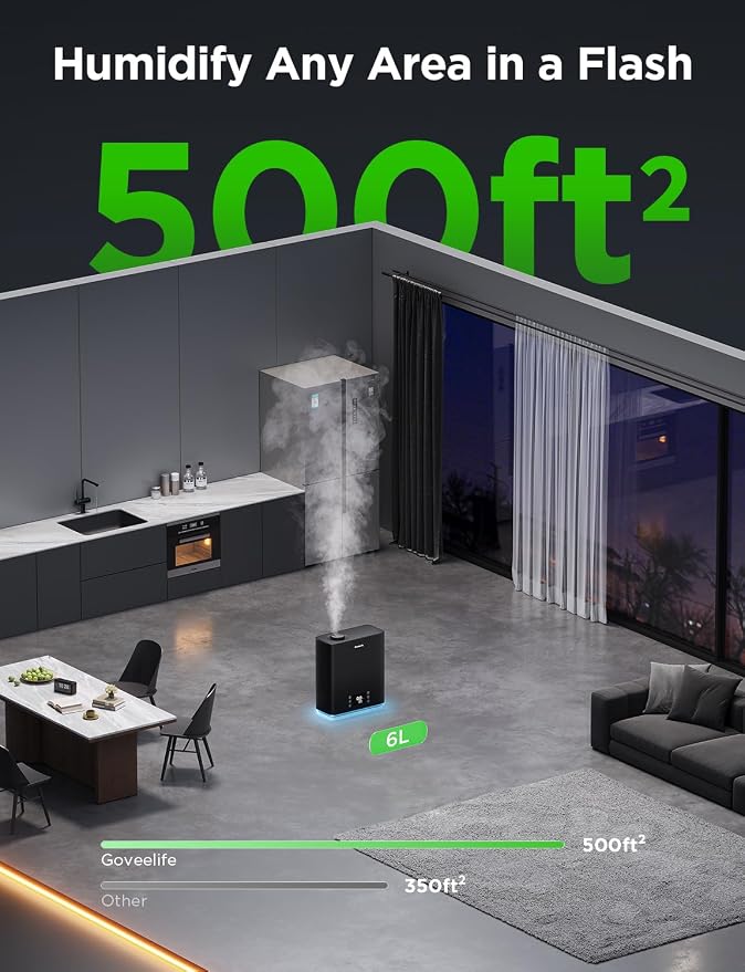 GoveeLife Smart Humidifiers for Bedroom Large Room, Top-Fill Cool Mist 6L WiFi Air Humidifier, Auto Mode, App & Voice Control, 60H Runtime, Rapid Humidification, RGB Nightlight Baby Plants, Black - Image 8