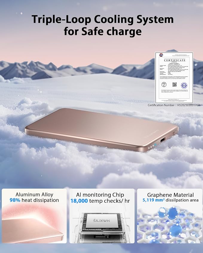 [0.3" Ultra Slim] [Alloy-Made] ULiXWH for Magsafe Portable Charger for iPhone, 2026 Upgrade 5000mAh Fast Charging Magnetic Power Bank, Wireless Battery Pack for iPhone 17 Air 16 15 Pro Max 14 13, Pink - Image 4