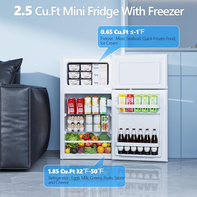 Electactic 2.5 Cu.Ft Mini Fridge with Freezer, Double-Door Compact Refrigerator, Adjustable Glass Shelves, Mechanical Thermostat & Leveling Feet, Space-Saving for Apartment/Dorm/Office, White - Image 2