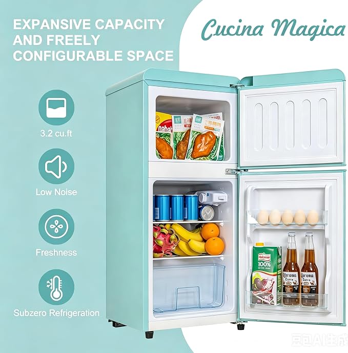 Mini Fridge with Freezer, 3.2 Cu.Ft Retro Double Door Refrigerator with 7 Level Thermostat, Adjustable Removable Glass Shelves for Bedroom Office Apartment Dorm Bar (RETRO BLUE, 3.2 Cu.Ft.) - Image 4