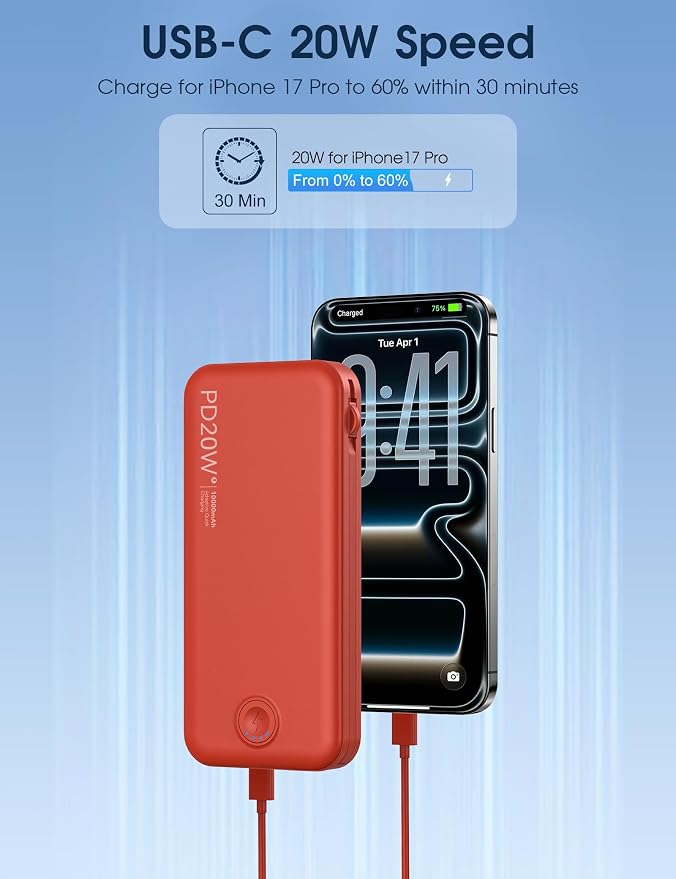 Nusyddy Portable Charger, 10000mAh PD20W Fast Charging Power Bank with Built-in Cables & Wall Plug, Travel Essentials External Battery Pack, USB C Battery Phone Charger for iPhone, iPad, Samsung Red - Image 4