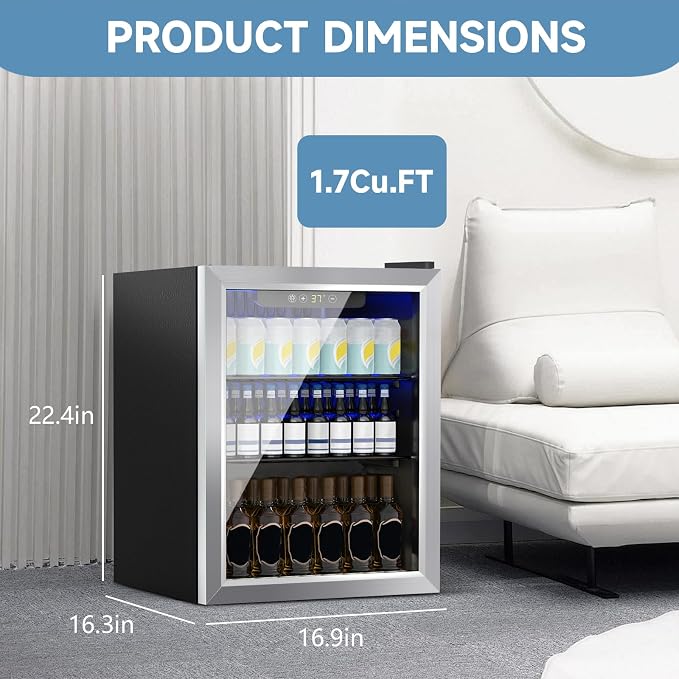DOGHLY 72 Cans/1.7 Cu.Ft Beverage Refrigerator Glass Door Mini Fridge | Fast Cooling Mini Cooler with Adjustable Shelves for Soda, Beer, Wine, Low Noise Beverage Fridge for Home, Office,and Dorm - Image 3
