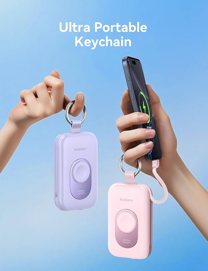 RORRY Portable Charger, 20000mAh PD 30W Portable Charger Power Bank with 2 Built-in Cables, Super Fast Charging Battery Pack with Keychain, Travel Essentials for iPhone, Apple Watch, iPad, Coral - Image 6