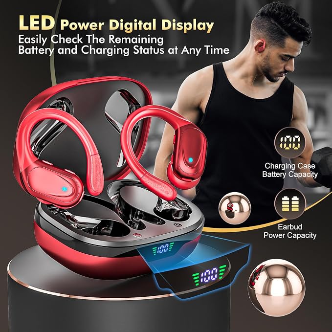 HAOYUYAN Wireless Earbuds, Sports Bluetooth Headphones, Noise Canceling Ear Buds with 80hr Playtime, LED Power Display, IPX7 Waterproof Earphones for Gym/Workout（Red） - Image 7