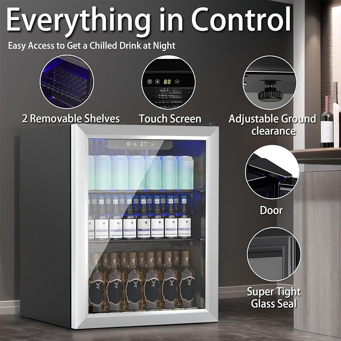 70 Can 1.7 Cu.Ft Compact Beverage Refrigerator With Glass Door | Stainless Steel Drink Cooler with Reversible Glass Door for Soda Wine Beer, Small Fridge for Home Office Bar (40℉-61℉) - Image 2