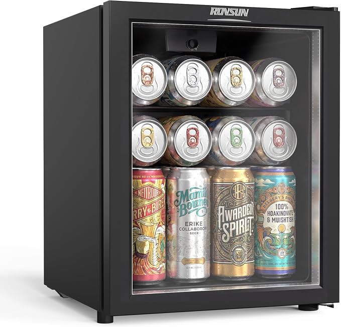 ROVSUN 46 Cans/1.0 Cu.Ft. Beverage Refrigerator Cooler, Countertop Small Fridge with Double Layer Glass Door & Adjustable Shelf for Bedroom Home, Quiet Mini Fridge for Soda Wine Beer, 43-64°F, Black by ROVSUN
