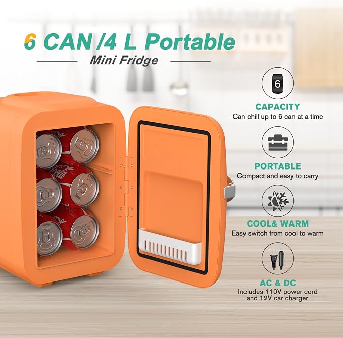 CROWNFUL Mini Fridge, 4 Liter/6 Can Portable Cooler and Warmer Personal Refrigerator for Skin Care, Cosmetics, Beverage, Food,Great for Bedroom, Office, Car, Dorm(Orange) - Image 3