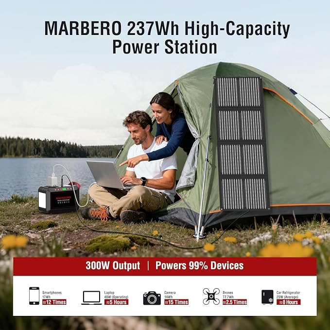 Portable Power Station 300W MARBERO 237Wh Camping Solar Generator Backup Lithium Battery with Pure Sine Wave 110V AC Outlet, USB C, USB A, DC for Outdoors Camping CPAP Home Blackout Emergency - Image 2