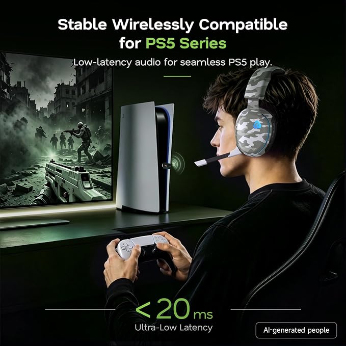 AOC 2.4GHz Wireless Gaming Headset for PS5, PS4, PC, Switch, 45Hr, Camo | Bluetooth 6.0 Gaming Headphones with Noise Canceling Mic, 7.1 Virtual Surround, Great for Fortnite & Call of Duty/FPS Gamers - Image 2