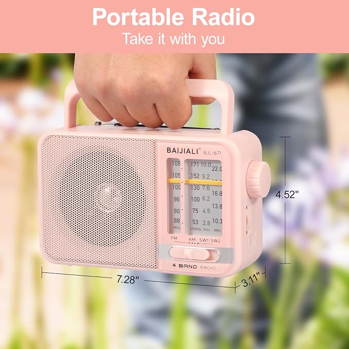 Portable AM/FM Transistor Radio with Loud Speaker, Battery or USB Powered - Compact Emergency Radio for Indoor, Outdoor, Travel & Storms (BJL-671, Pink) - Image 2