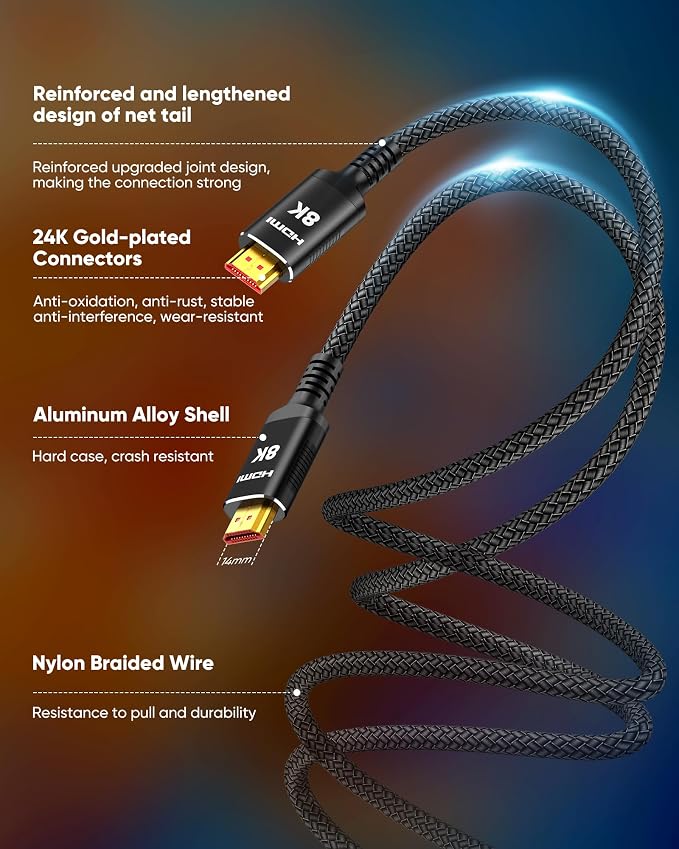 Snowkids 8K HDMI 2.1 Cable 3.3 ft, Non-Slip Nylon Braided, 48Gbps Ultra - Image 4