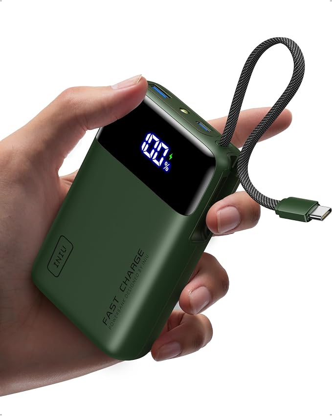 INIU 20000mAh Power Bank, Small Portable Charger, 45W PD Fast Charging Battery Pack with Build in USB-C Cable, Travel Phone Charger for iPhone 17 16 15 14 Air Samsung S25 S24 Google iPad Xiaomi, Green by INIU