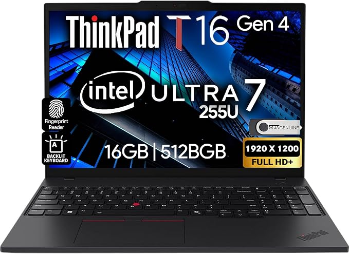 Lenovo ThinkPad T16 Gen 4 AI Business Laptop 16” FHD+ Display, Intel Ultra 7 255U (Beats i7-1355U), 16GB DDR5 RAM, 512GB SSD, 5MB Webcam, Fingerprint, Backlit KB, WiFi 6E + BT, RJ-45, HDMI, Win 11 Pro by LENOVO