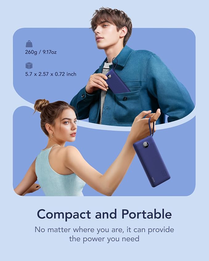 VRURC Portable Charger for iPhone, USB C Power Bank 10000mAh, Slim Travel Battery Pack with Built in Cables, 5 Outputs 2 Input Portable Phone Charger for iPhone 17 16 15 14 13, Samsung, Android-Navy - Image 2