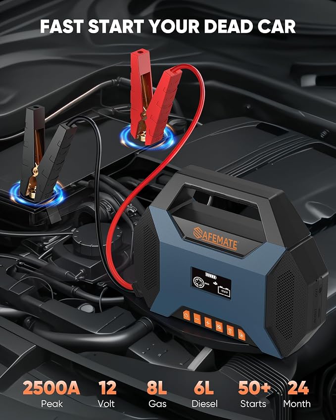 2500A Car Jump Starter with Air Compressor - 120PSI Tire Inflator, 40W Fast Charging, 48.84Wh Portable Power Bank, Voltage Tester for 8L Gas/6L Diesel Engines - Image 2