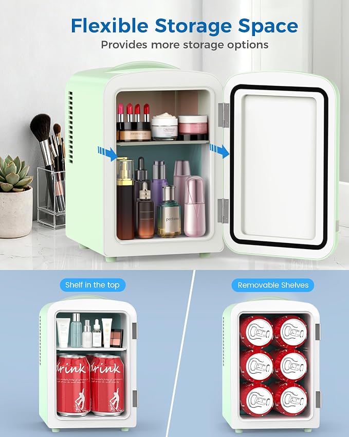 Electactic Mini Fridge for Skincare, 4L/6 Cans Portable Compact Cosmetic Fridge, Retro Desktop Fridge with AC/DC Adapters, Small Cooler and Warmer for Beverage, Makeup, Bedroom, Office, Kids, Green - Image 5