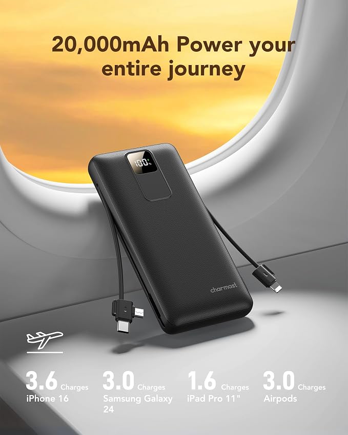charmast Portable Charger 20000mAh with Wall Plug, Fast Charging Power Bank USB C, 20W PD Battery Pack with Built-in Cables Travel Essential for iPhone 16/15/14, Samsung, iPad More Devices (Black) - Image 9