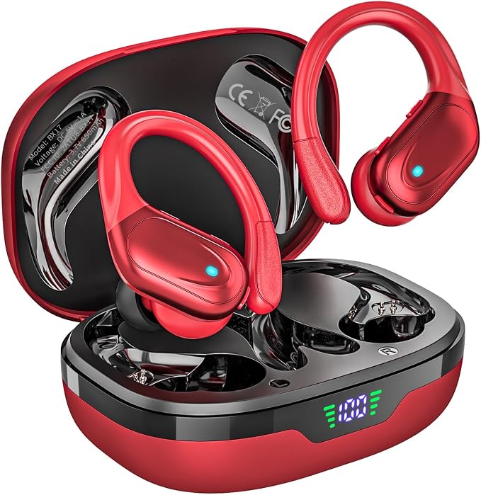 HAOYUYAN Wireless Earbuds, Sports Bluetooth Headphones, Noise Canceling Ear Buds with 80hr Playtime, LED Power Display, IPX7 Waterproof Earphones for Gym/Workout（Red） by HAOYUYAN