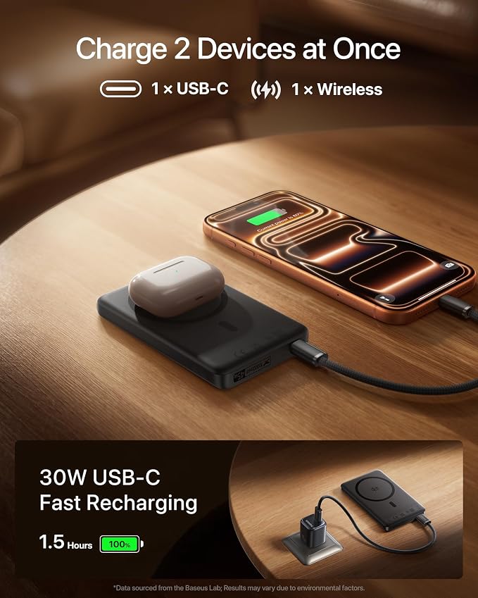 Baseus Picogo AM52 MagSafe Power Bank, Qi2.2 25W 10,000mAh Magnetic Portable Charger, 0.6" Slim 45W USB-C Fast Charging Alloy Wireless Battery Pack, Travel Essential for iPhone 17/16/15/14/13/12 Only - Image 6