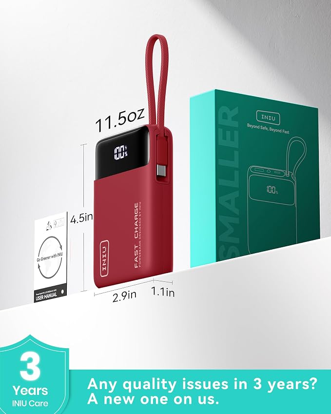 INIU 20000mAh Power Bank, Small Portable Charger, 45W PD Fast Charging Battery Pack with Build in USB-C Cable, Travel Phone Charger for iPhone 17 16 15 14 Air Samsung S25 S24 Google iPad Xiaomi, Red - Image 8