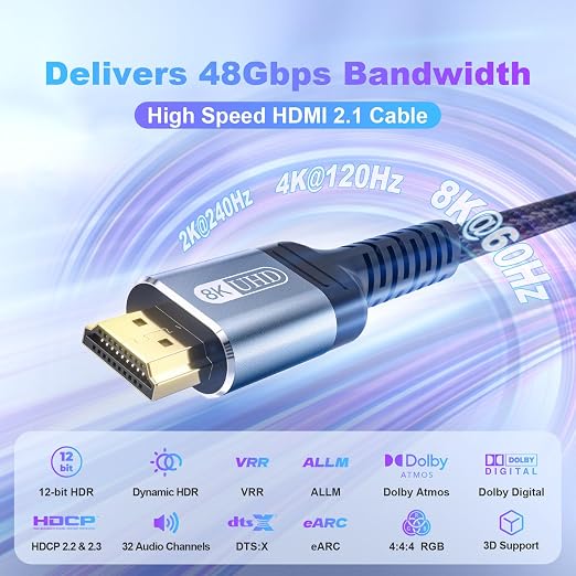 HDMI Cable 10 ft 8K 2.1 HDMI 48Gbps Ultra High Speed Stable HDMI Cord-8K@60Hz - Image 2