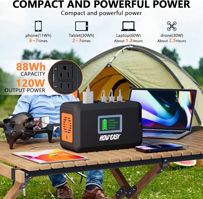 HOWEASY Portable Power Station,120W(240W Peak) Solar Generator,88Wh Lithium Battery Power with 110V AC Outlet/DC/USB/LED Light for Outdoor Camping Trip Hunting Emergency(Solar Panel Optional) - Image 2