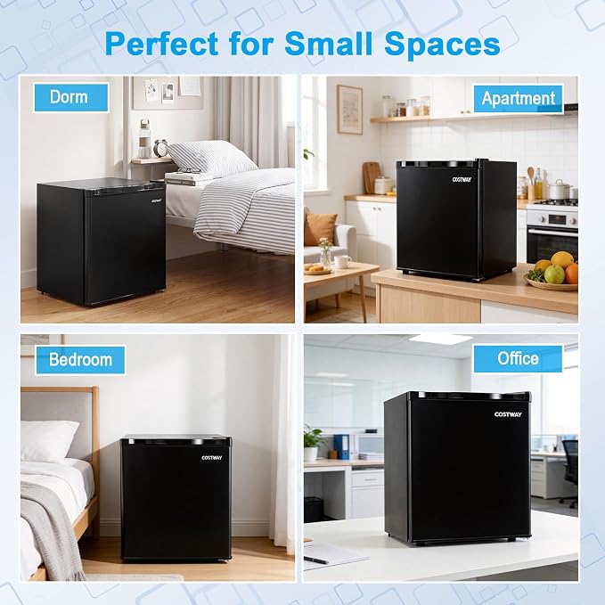 COSTWAY 1.7 Cu.Ft Mini Fridge with Compartment for Dorm Office Bedroom | Compact Small Refrigerator with Adjustable Thermostat, Reversible Single Door & Low Noise, for Drinks Fruits Snacks (Black) - Image 9