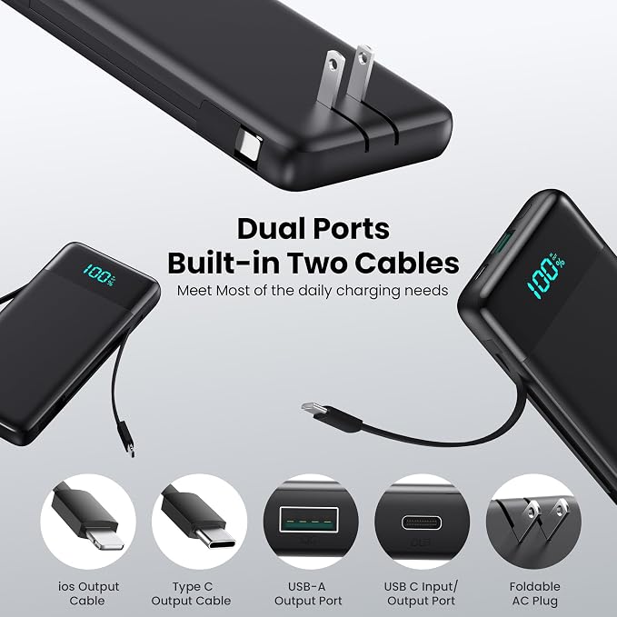 Portable Charger with Built-in AC Plug and Cables,13800mAh All in One USB C Fast Charging Power Bank,Travel Essentials Portable Phone Charger Battery Pack for iPhone 17/16/15/14/13,Galaxy,Android etc - Image 2