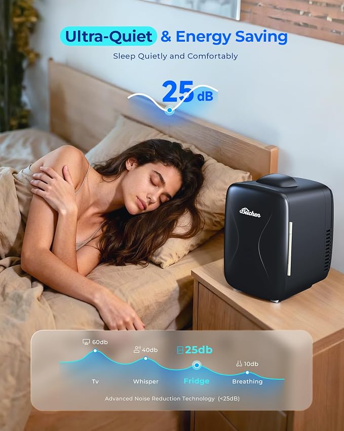 BEICHEN Mini Fridge, 4L/6 Can Portable Small Refrigerator Cool&Warm, AC/DC | Black Mini Refrigerator for Drinks Food, Fast Cooling Low Noise Mini Fridge for Bedroom Car Office, Makeup Skincare Fridge - Image 5