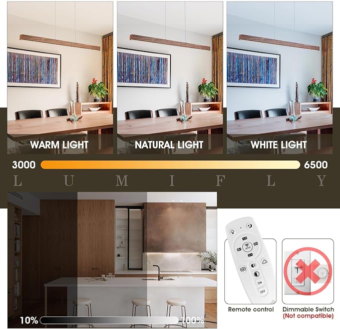 Linear Pendant Light 39 Inches Wood Grin Finish Island Light Modern LED Hanging - Image 5