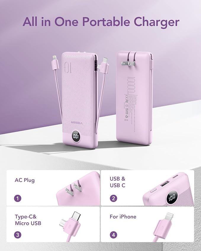 VEGER Portable Charger with Built-in AC Plug and Cables, All in One 10000mAh Ultra Slim Power Bank Travel Essentials, Fast Charging Battery Pack Compatible with iPhone, Samsung, Android (Purple) - Image 2