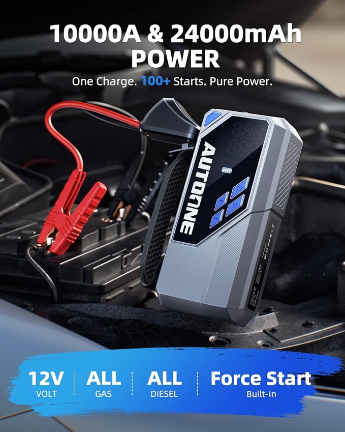 AUTOONE 10000A Jump Starter with Air Compressor, 24000mAh Jump Box with Tire Inflator (All Gas & Diesel) Portable Car Battery Booster Jumper Starter Pack, Jumper Cables, Type C, 60W Charging, Light - Image 3
