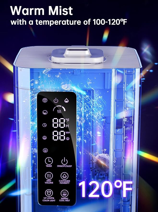 Humidifier with Warm & Cool Mist - 2.64Gal Top Fill, 500 sq ft Coverage, 60H Runtime, Remote, Humidity Control, Aroma Tray & Mood Light (Yellow/Blue) - Image 2