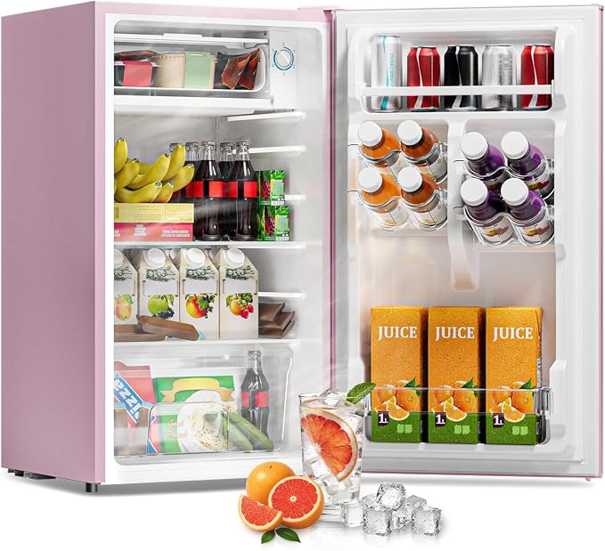 3.2 Cu Ft Mini Fridge with Freezer, Single Door Upright Freezer | Energy Efficient, Large Capacity, Reversible Door, ETL Certified, Small Refrigerator for Bedroom, Office & Dorm, Pink by Frostorm