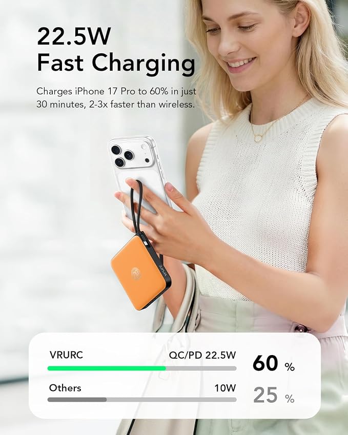 VRURC Portable Charger USB C for iPhone, Cargador Portátil para iPhone 10000mAh, Power Bank with Built-in Cables, 22.5W Fast Charging, LED Display, Slim for iPhone 17 Pro Max & Series (Orange) - Image 3