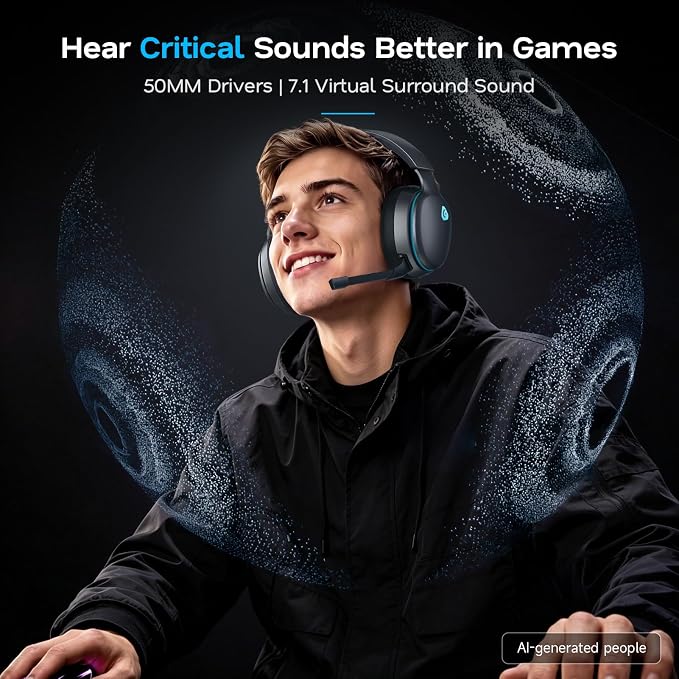 AOC 2.4GHz Wireless Gaming Headset for PS5, PS4, Switch, 45Hr, Space Gray | Bluetooth 6.0 Gaming Headphones with Noise Canceling Mic, 7.1 Virtual Surround, Great for Fortnite & Call of Duty/FPS Gamers - Image 3