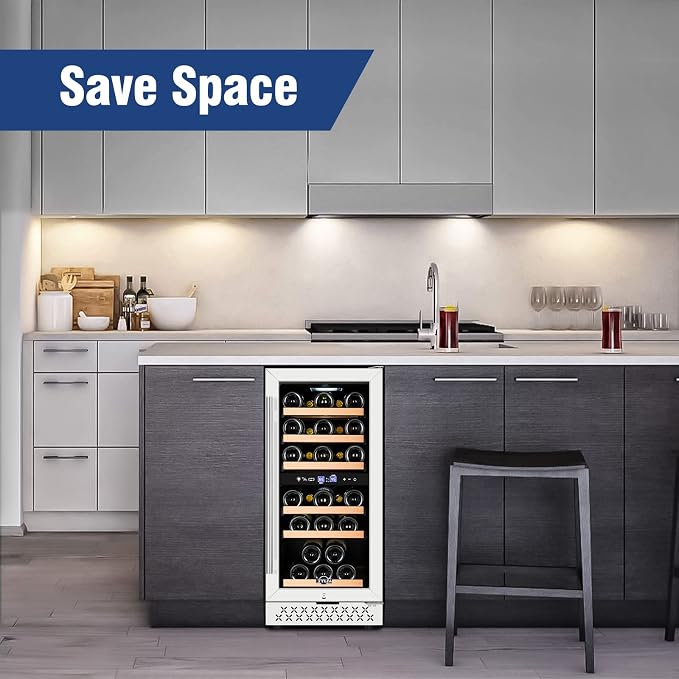 Mini Fridge 15 Inch Wine Cooler Under Counter, 30 Bottles Dual Zone Wine Fridge with Safty Lock, Wine Refrigerator Freestanding, Built-in Wine Cellars - Image 8