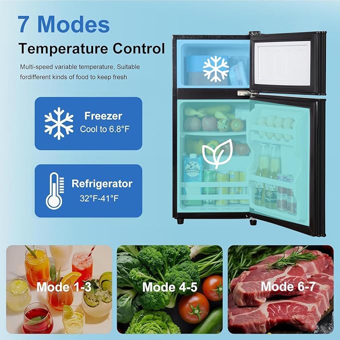 3.2 Cu.Ft Mini Fridge with Freezer, 7-Level Cooling Small Refrigerator | Energy Efficient Low Noise Double Door Compact Fridge for Dorm, Bedroom, Office - Black - Image 3