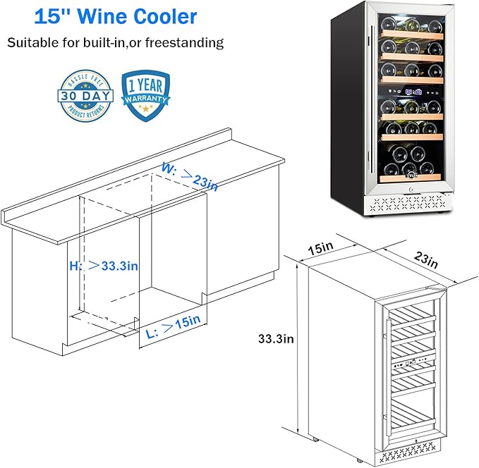 Mini Fridge 15 Inch Wine Cooler Under Counter, 30 Bottles Dual Zone Wine Fridge with Safty Lock, Wine Refrigerator Freestanding, Built-in Wine Cellars - Image 6
