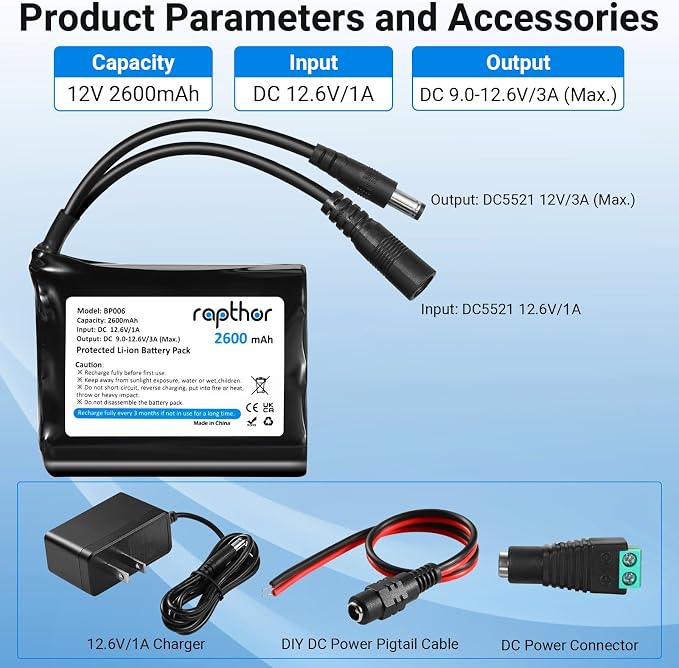 rapthor Rechargeable 12V 2600mAh Lithium ion Battery Pack with Charger Compatible with 12V Devices, Bike Light, DIY Project, Radio, Fishing Light,LED Light Strip, CCTV Camera - Image 2